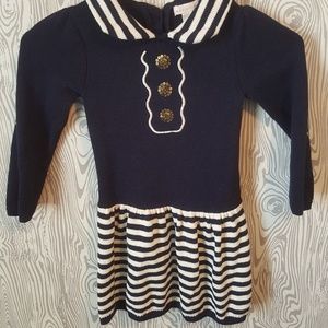Blue, cream, gold sweater dress